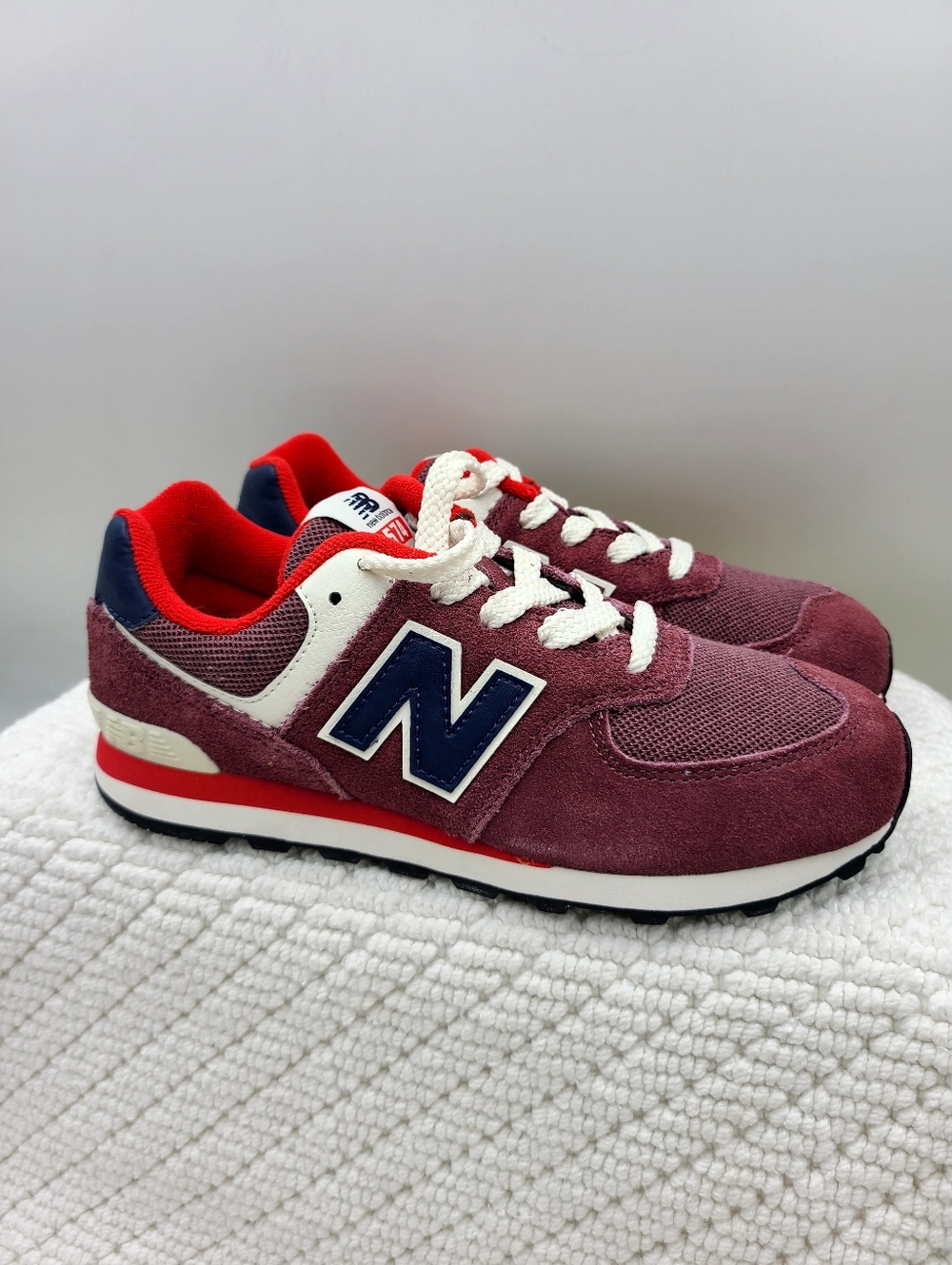 New Balance Kids' Burgundy Suede & Mesh Sneakers with Navy 'N'